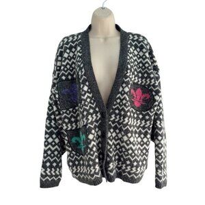 VTG Paris Sport Club Women's Sz M Gray White Cardigan Sweater Fleur De Lis